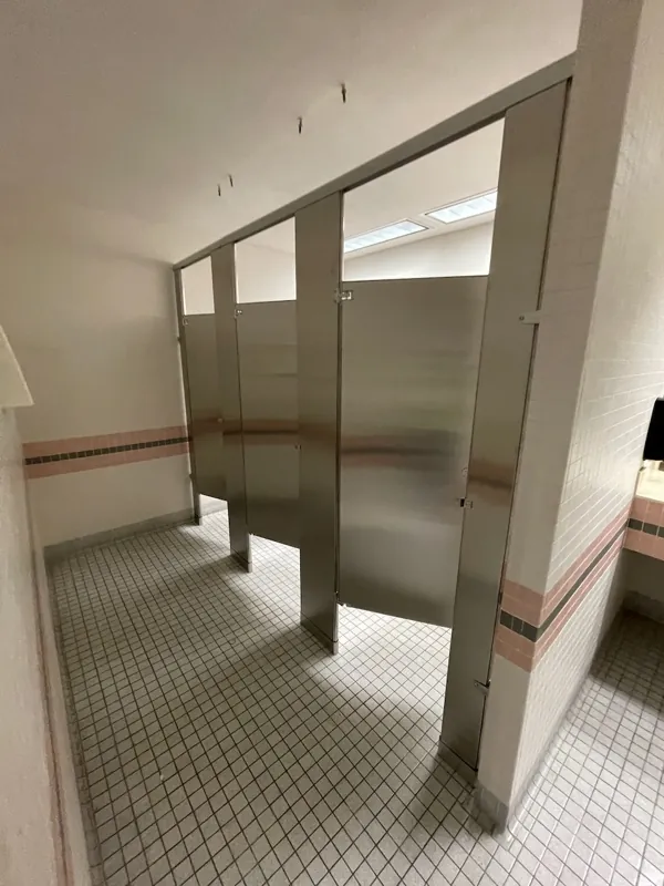 Metal restroom partition door and side panel above patterned tile