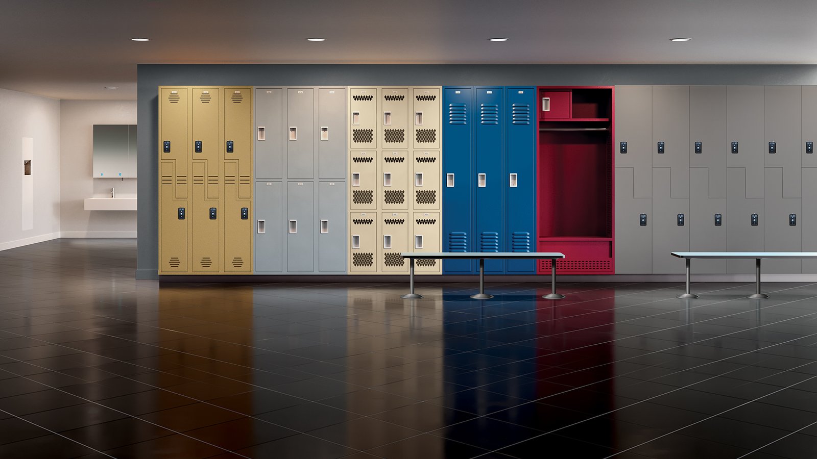 ASI product display showing several locker configurations, colors, and bench seating